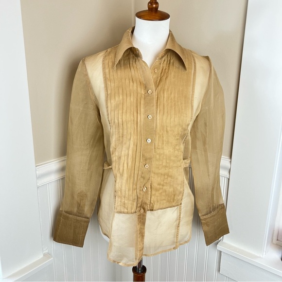 Ideology Vintage 100% Silk Gold Sheer Pintuck Button-Down Blouse - Small - Flaw - Picture 7 of 12